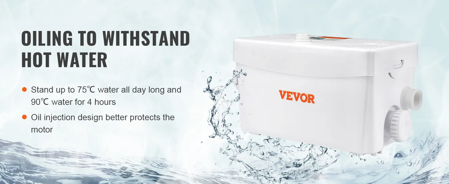 VEVOR macerator pump withstands hot water up to 75°c all day, oil injection protects motor.