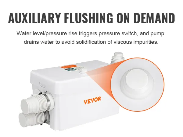 VEVOR macerator pump with auxiliary flushing feature to prevent solidification of viscous impurities.