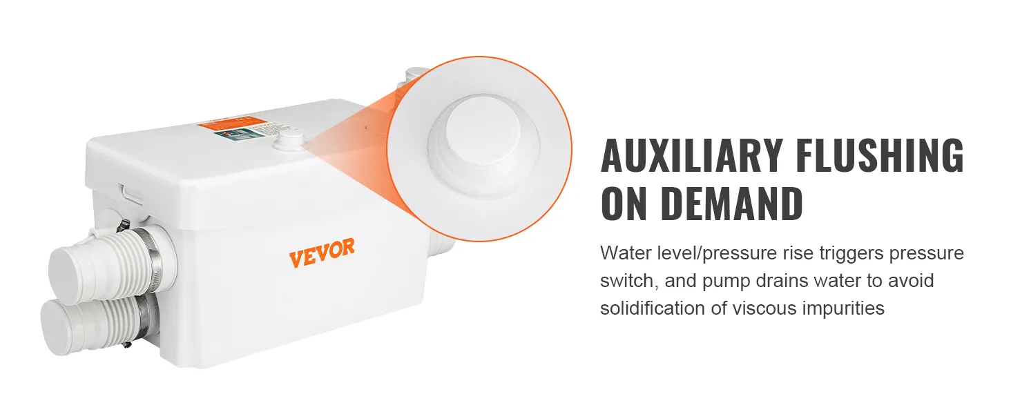 VEVOR macerator pump with auxiliary flushing feature to prevent solidification of viscous impurities.