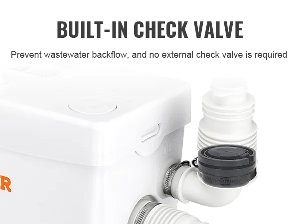 VEVOR macerator pump with built-in check valve to prevent wastewater backflow, no external valve needed.
