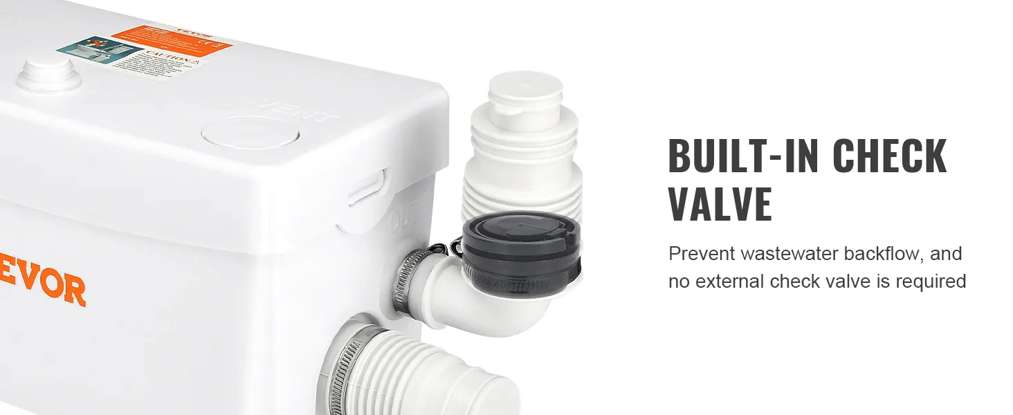 VEVOR macerator pump with built-in check valve to prevent wastewater backflow, no external valve needed.