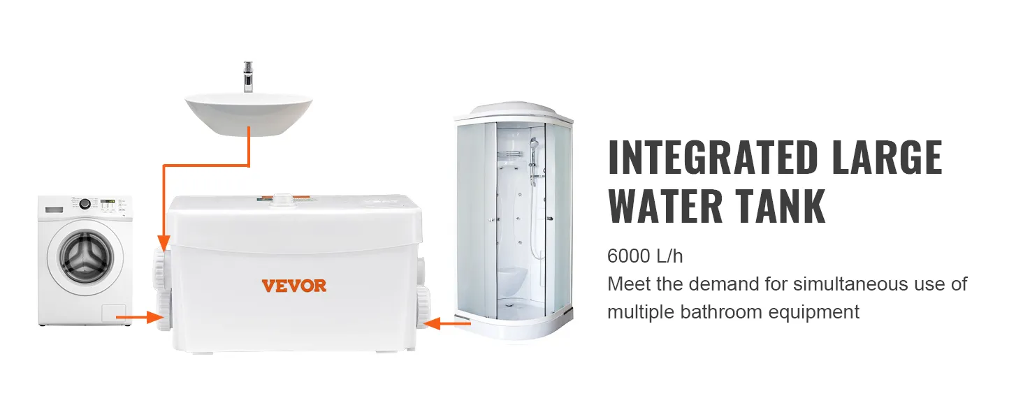 VEVOR macerator pump integrated with washing machine, sink, and shower, handling 6000 l/h for efficiency.