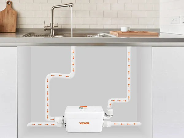 VEVOR macerator pump installed under a kitchen sink with visible piping connections.