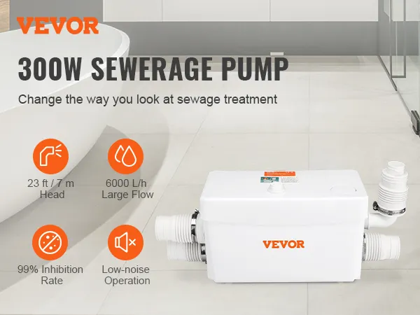 VEVOR macerator pump with 23 ft head, 6000 l/h flow, 99% inhibition rate, and low-noise operation.
