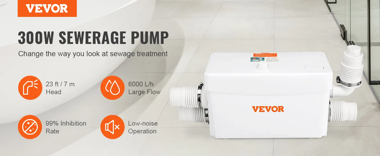 VEVOR macerator pump with 23 ft head, 6000 l/h flow, 99% inhibition rate, and low-noise operation.