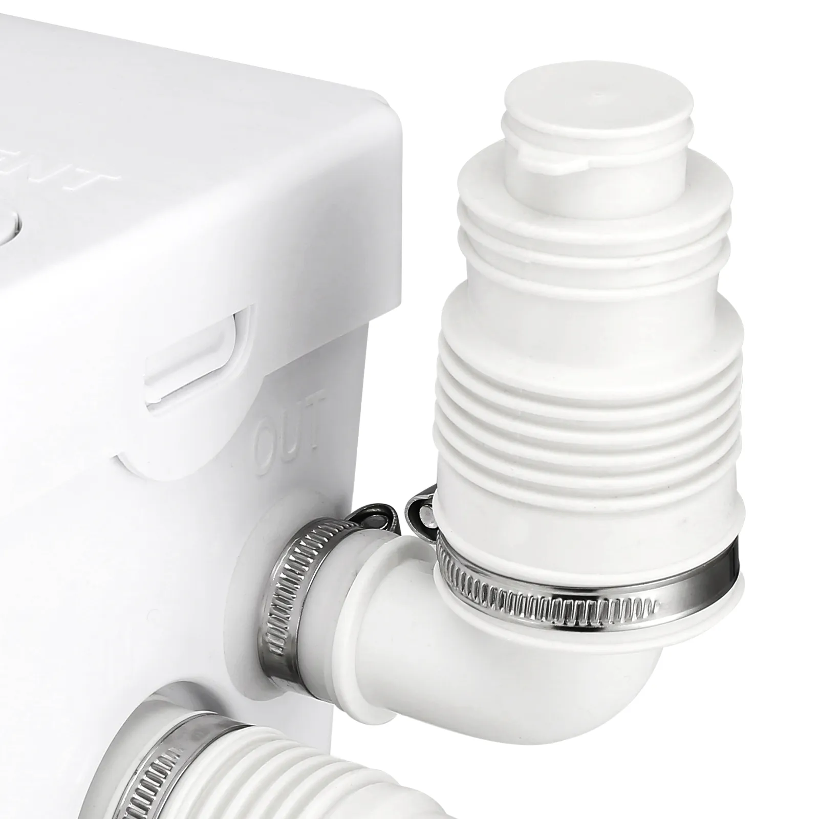 white VEVOR macerator pump with hose and pipe connections, secured with stainless steel clamps.
