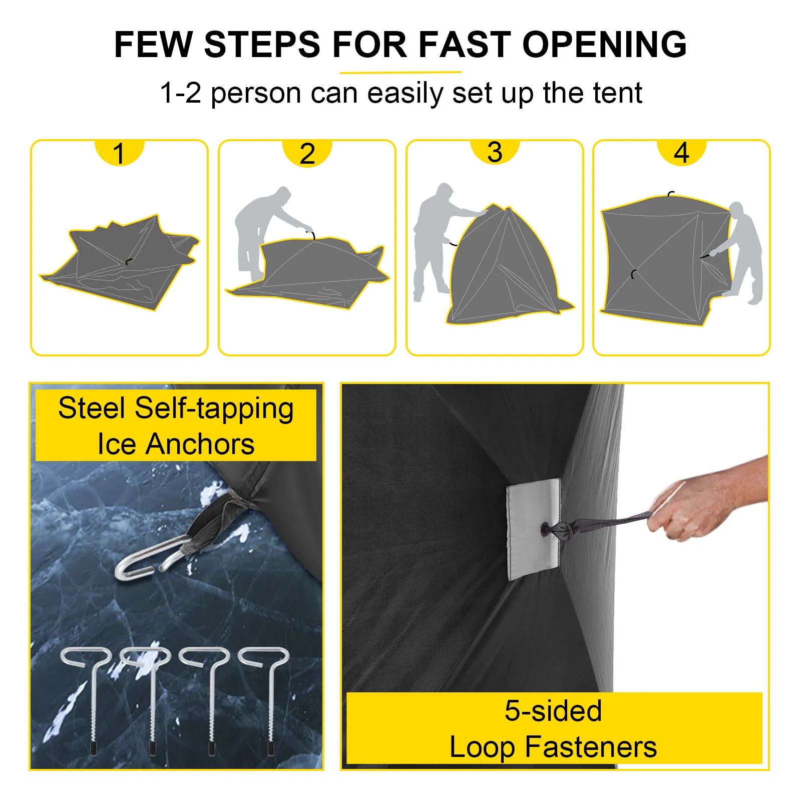 Guía de instalación de refugio para pesca en hielo VEVOR con anclajes de acero para hielo y cierres de bucle.