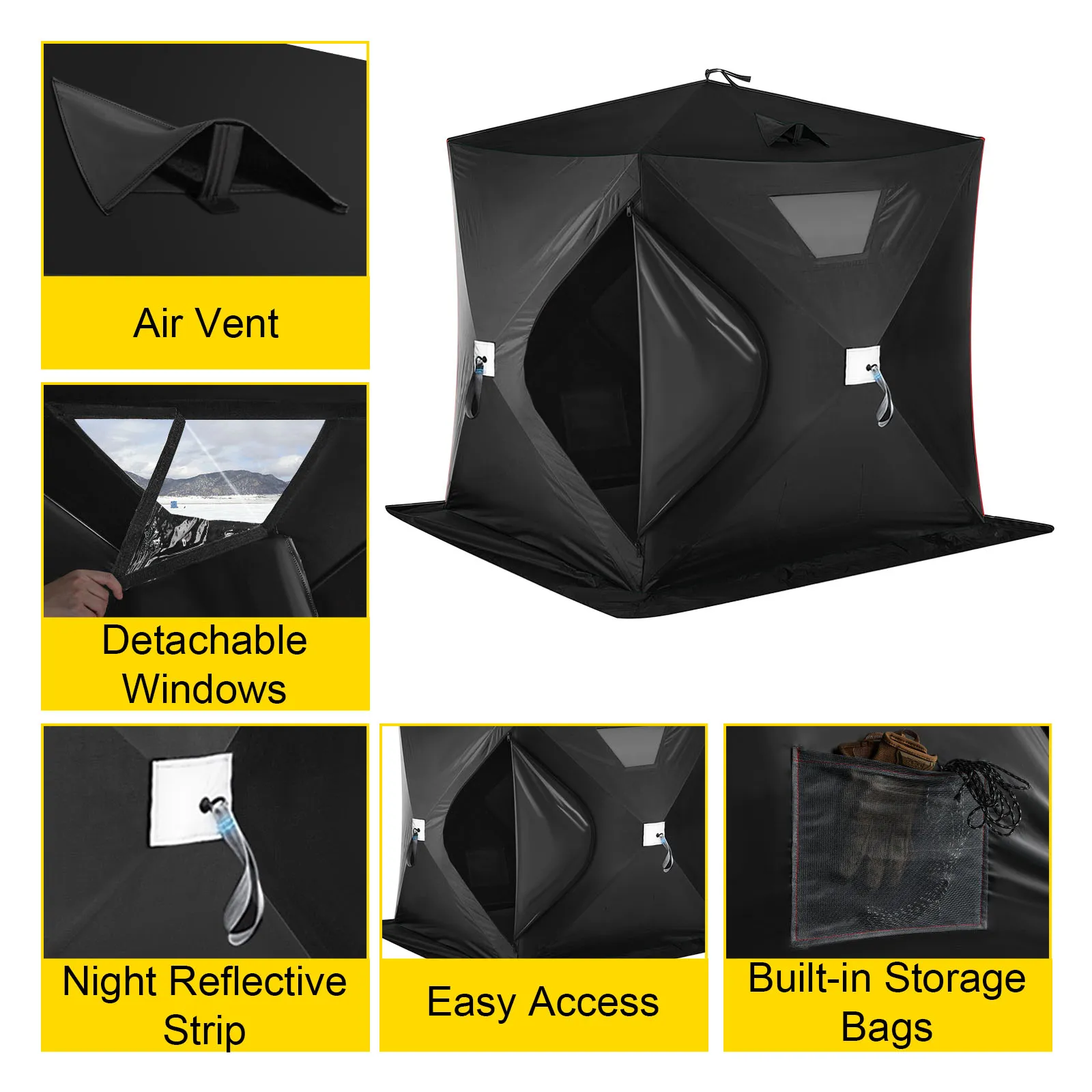 Refugio para pesca en hielo VEVOR negro con ventilación, ventanas desmontables y bolsas de almacenamiento.