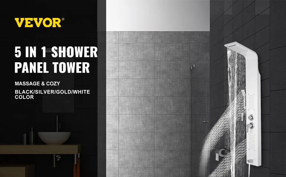 VEVOR shower panel in sleek bathroom with 5-in-1 massage features in white color.