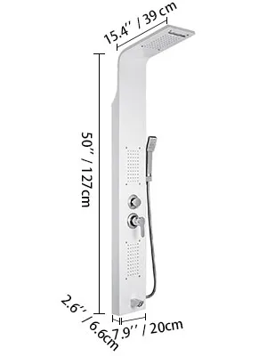 VEVOR shower panel with dimensions and sleek, modern design in white finish.
