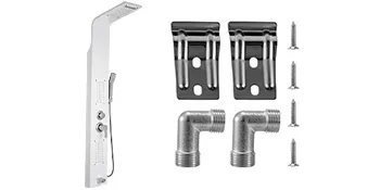 VEVOR shower panel with mounting brackets, screws, and elbow fittings.