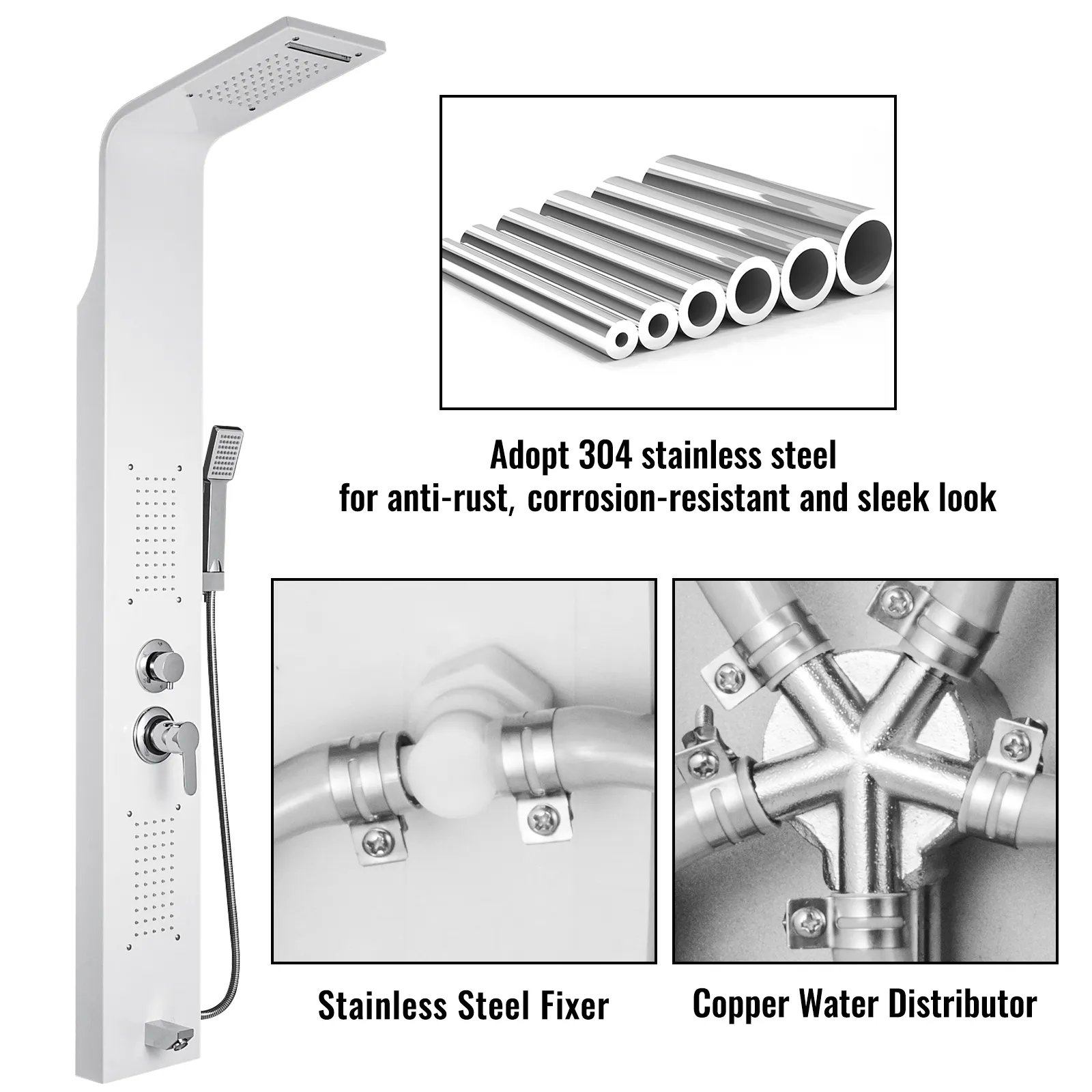 VEVOR shower panel with 304 stainless steel, stainless steel fixer, and copper water distributor.