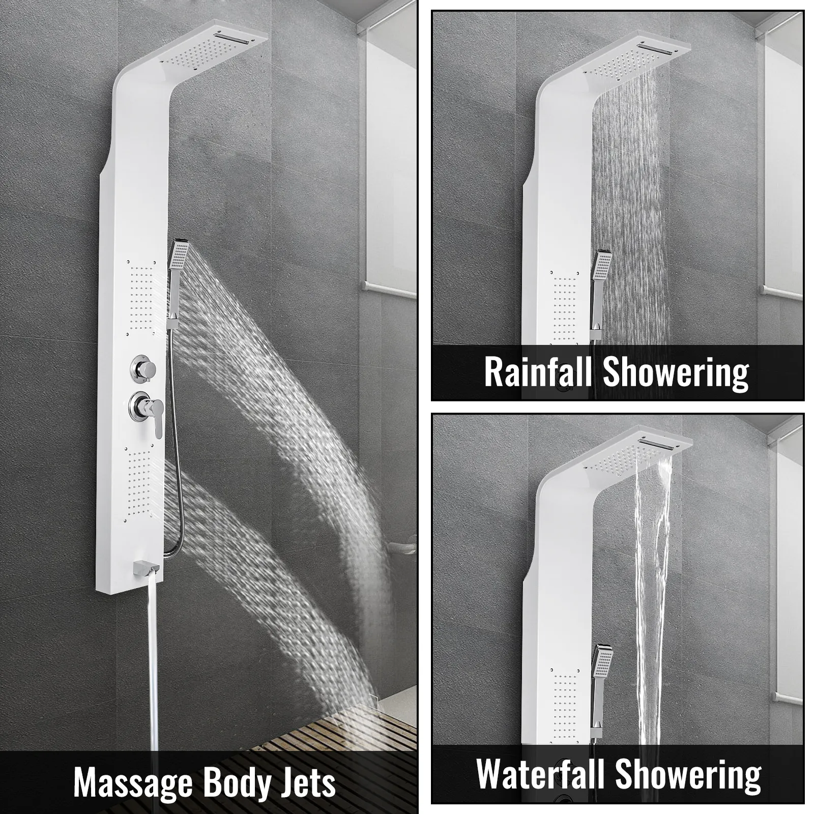 VEVOR shower panel with massage jets, rainfall, and waterfall showering options.