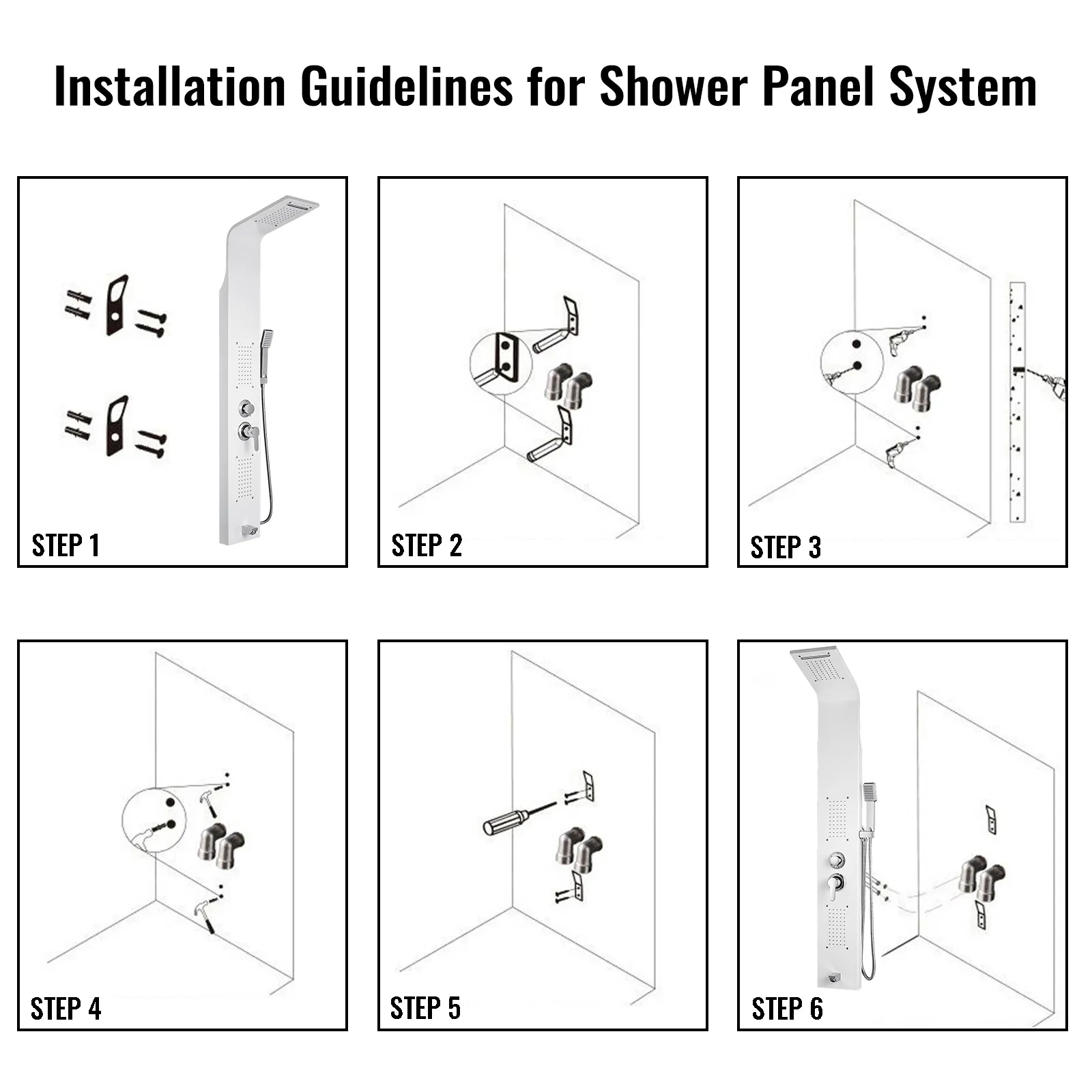 installation guide for VEVOR shower panel with step-by-step illustrations.