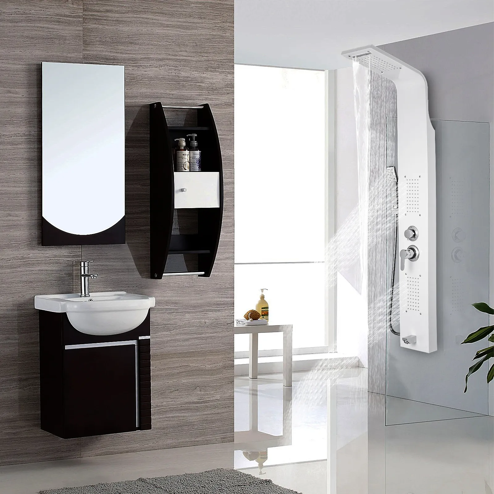 modern bathroom with VEVOR shower panel, sleek vanity, mirror, and wall-mounted shelving.
