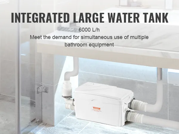VEVOR macerator pump installed under a modern bathroom sink with integrated water tank for 6000 l/h capacity.