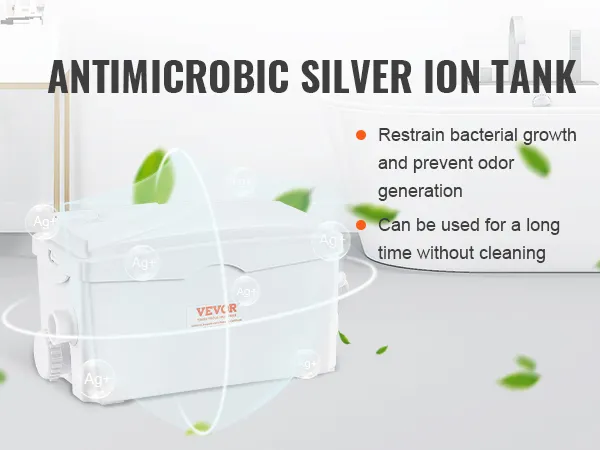 VEVOR macerator pump with antimicrobial silver ion tank to prevent bacteria and odors, easy maintenance.