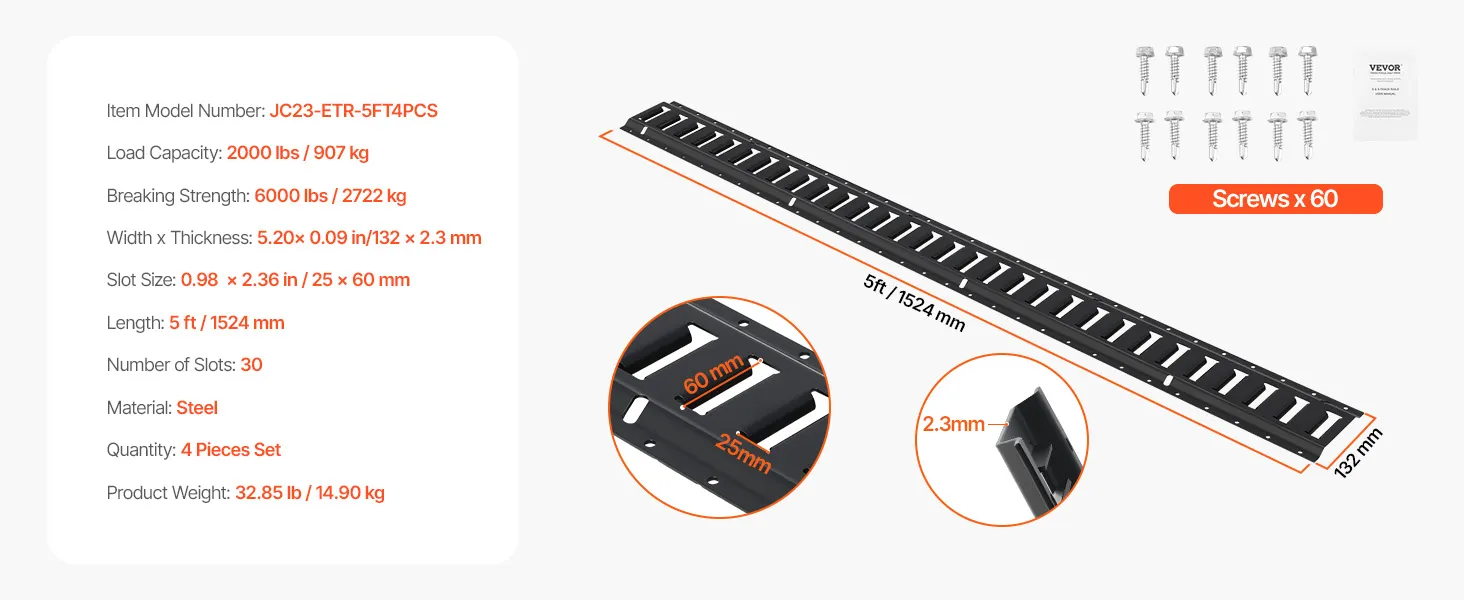 VEVOR e track tie down rail kit details: 5ft length, 2000 lbs load capacity, 30 slots, includes screws.