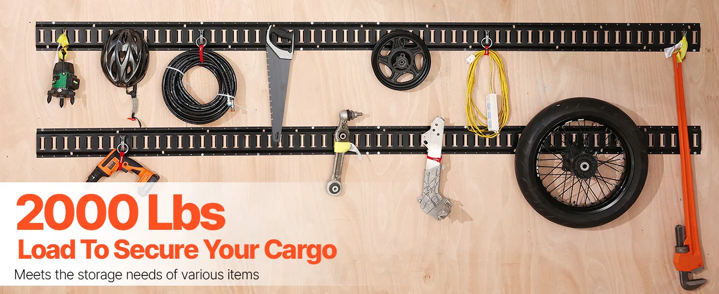 VEVOR e track tie down rail kit securely holding tools and equipment, with a 2000 lbs load capacity.