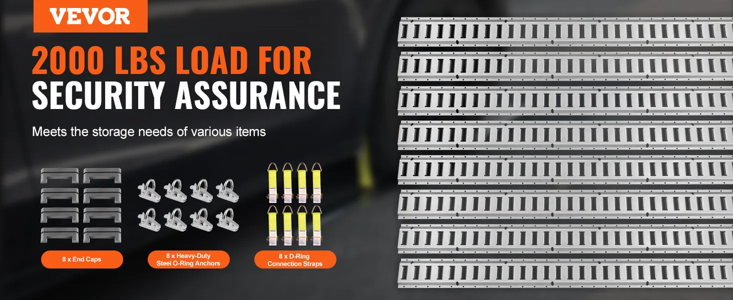 VEVOR e track tie-down rail kit with 2000 lbs load capacity, end caps, o-ring anchors, and d-ring straps.