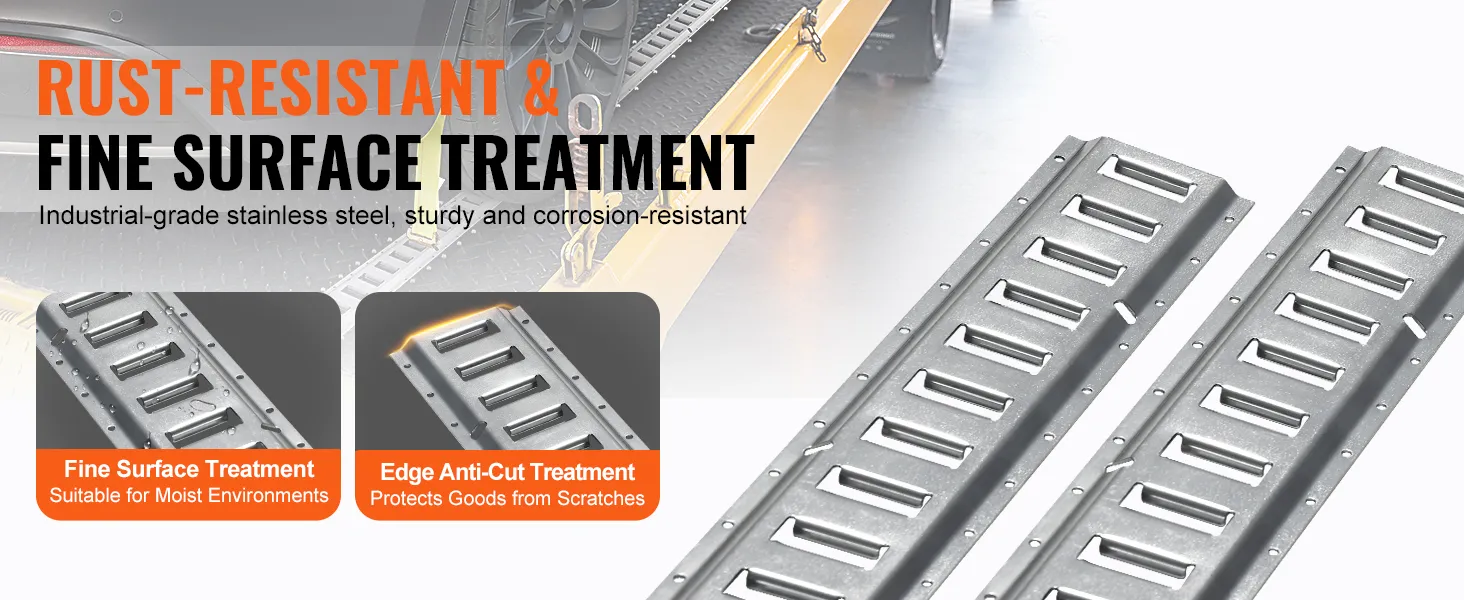VEVOR e track tie-down rail kit, rust-resistant, stainless steel, fine surface and edge anti-cut treatment.