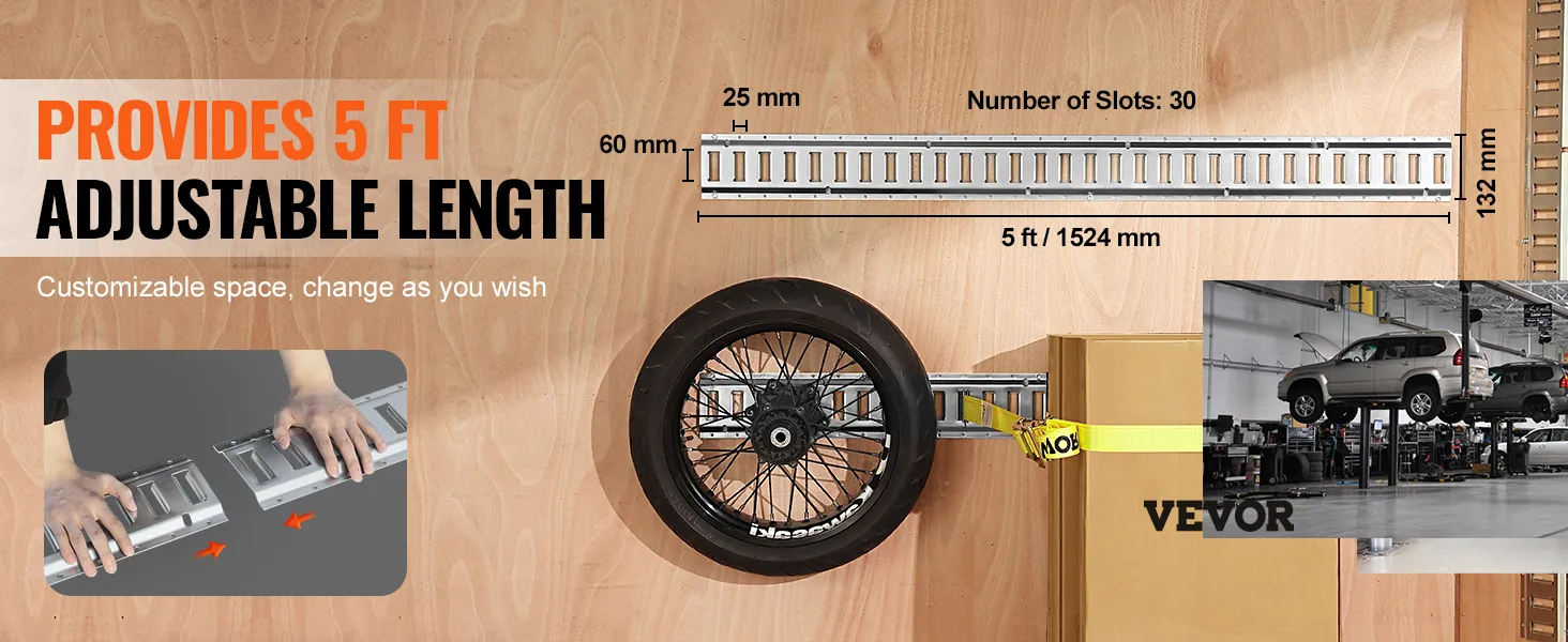 VEVOR e track tie-down rail kit, 5 ft adjustable length, customizable, and easy to install.