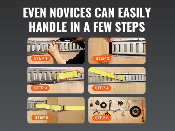VEVOR e track tie-down rail kit installation guide in six steps for easy securing of items.