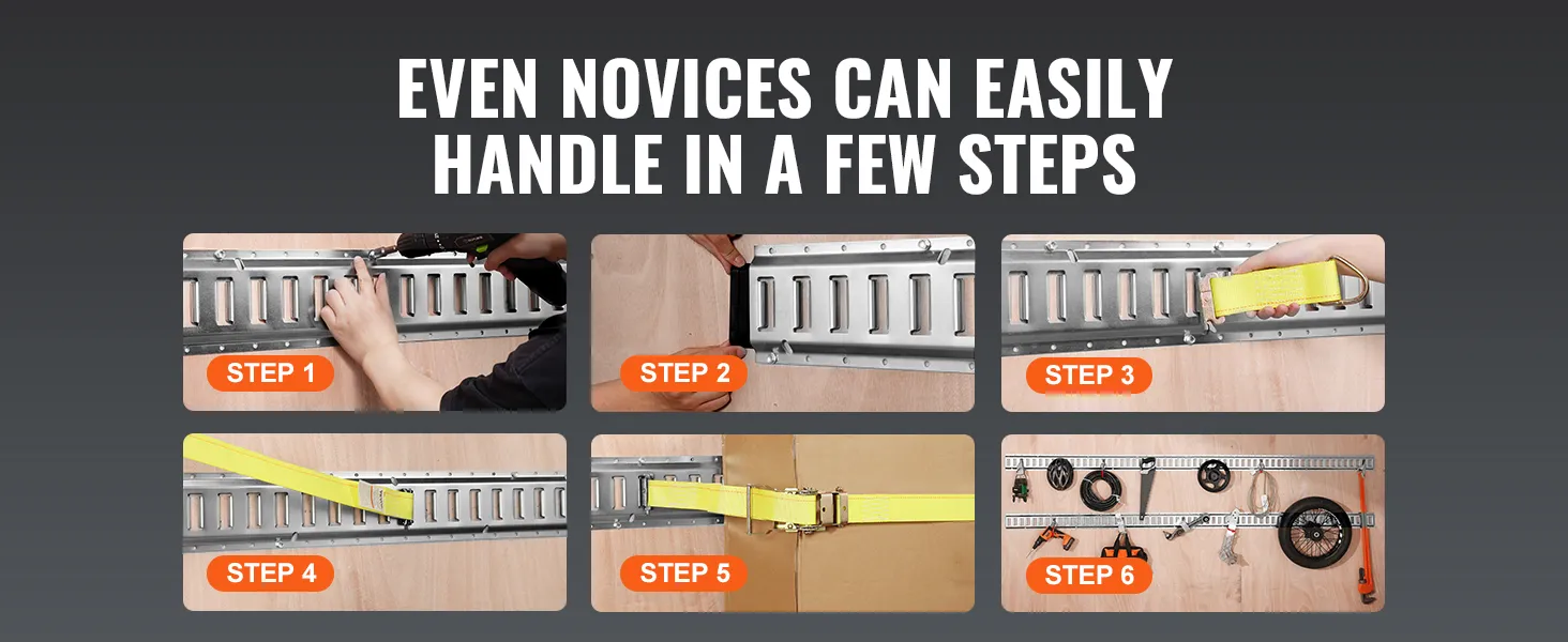 VEVOR e track tie-down rail kit installation guide in six steps for easy securing of items.