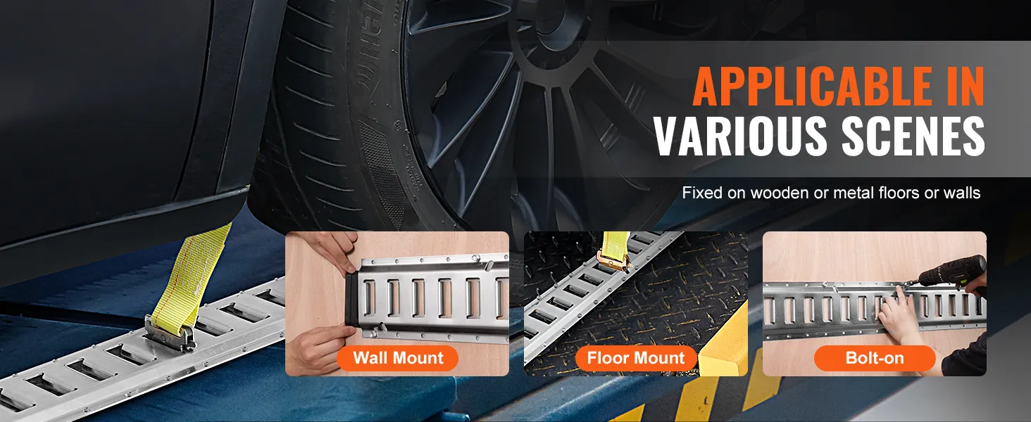 VEVOR e track tie-down rail kit for wall, floor, and bolt-on mounting; versatile application options.
