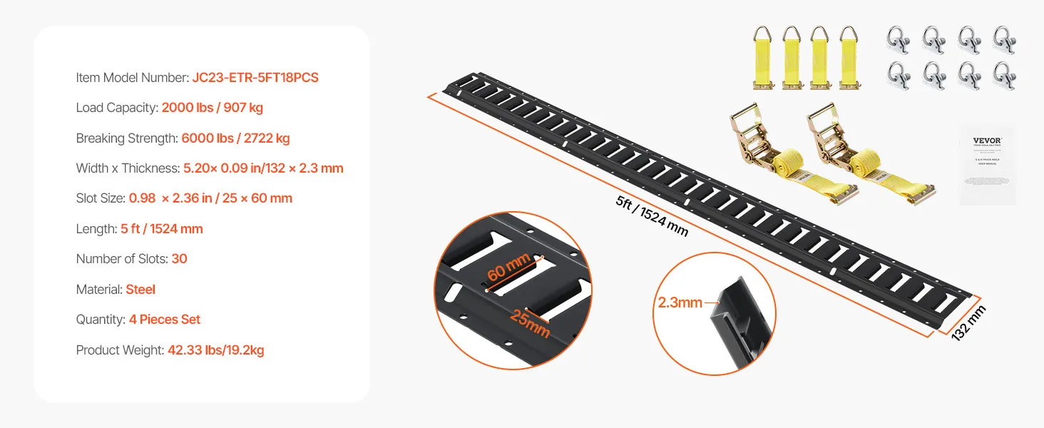 VEVOR e track tie-down kit, load capacity 2000 lbs, length 5 ft, width 5.2 in, includes ratchet straps.