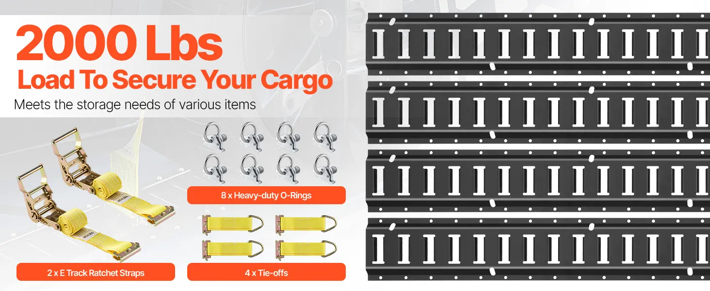 VEVOR e track tie-down kit with 2000 lbs load, steel o-ring anchors, d-ring and ratchet straps.