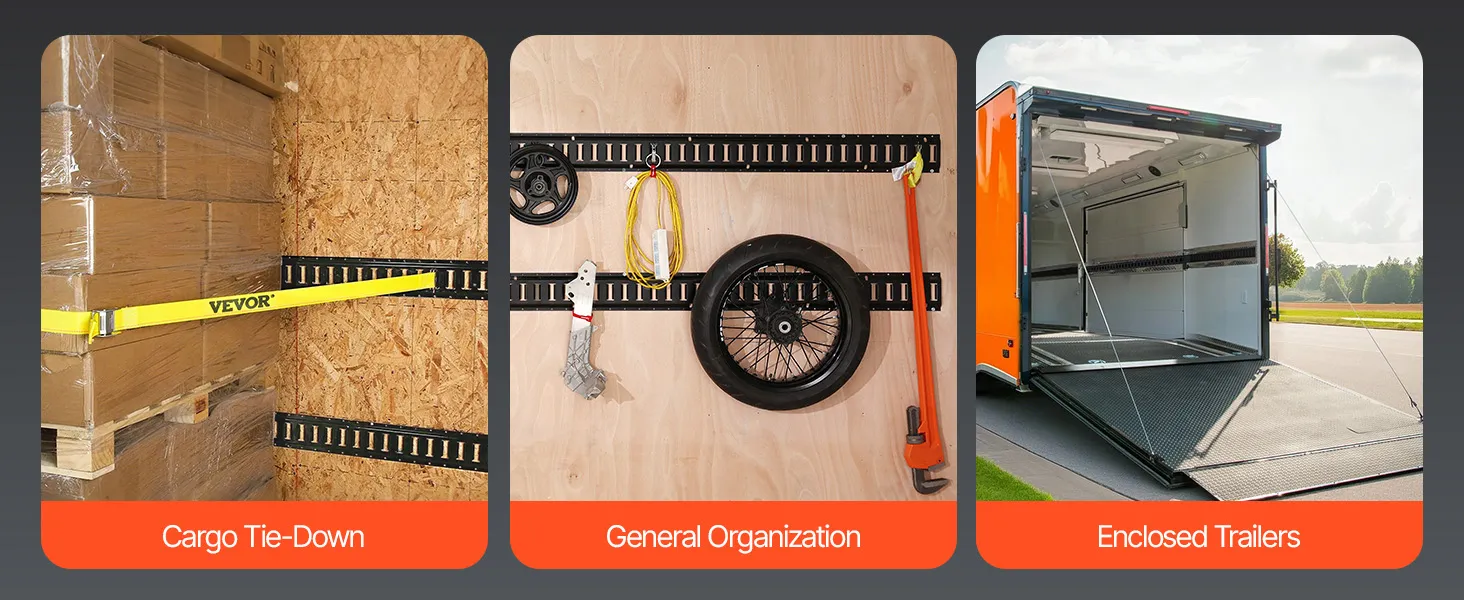 VEVOR e track tie-down kit showcasing wall, floor mounts, and bolt-on applications for secure fitting.