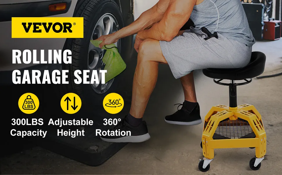 VEVOR rolling garage stool with 300 lbs capacity, adjustable height, and 360° rotation.