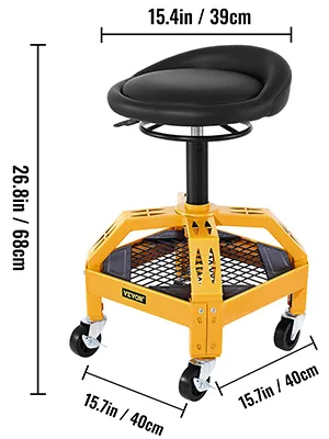 yellow VEVOR rolling garage stool with height and width measurements.