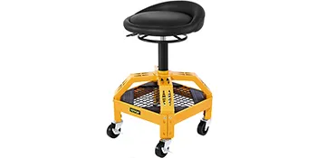 yellow VEVOR rolling garage stool with black seat and caster wheels.