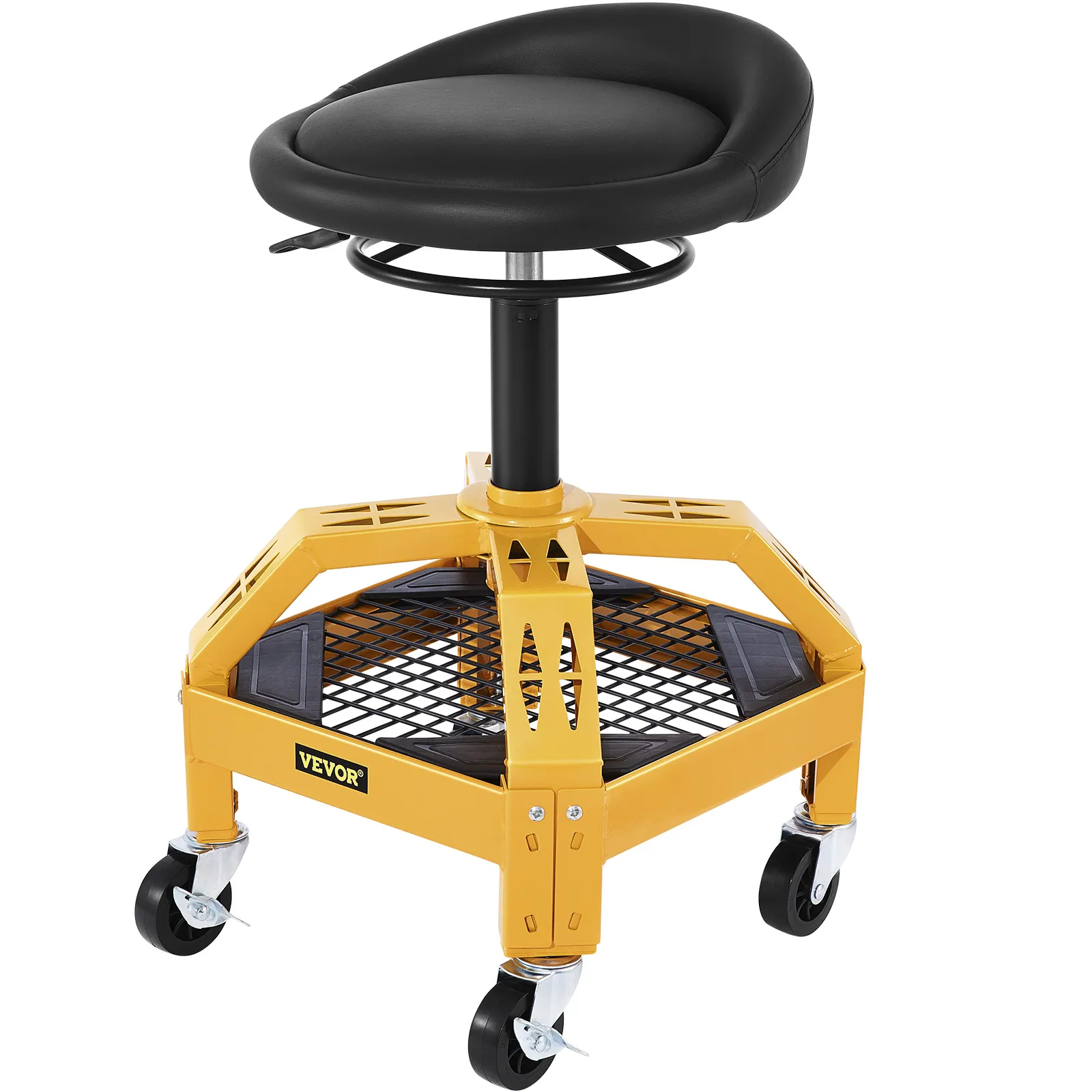 VEVOR rolling garage stool with black seat and yellow frame on caster wheels.