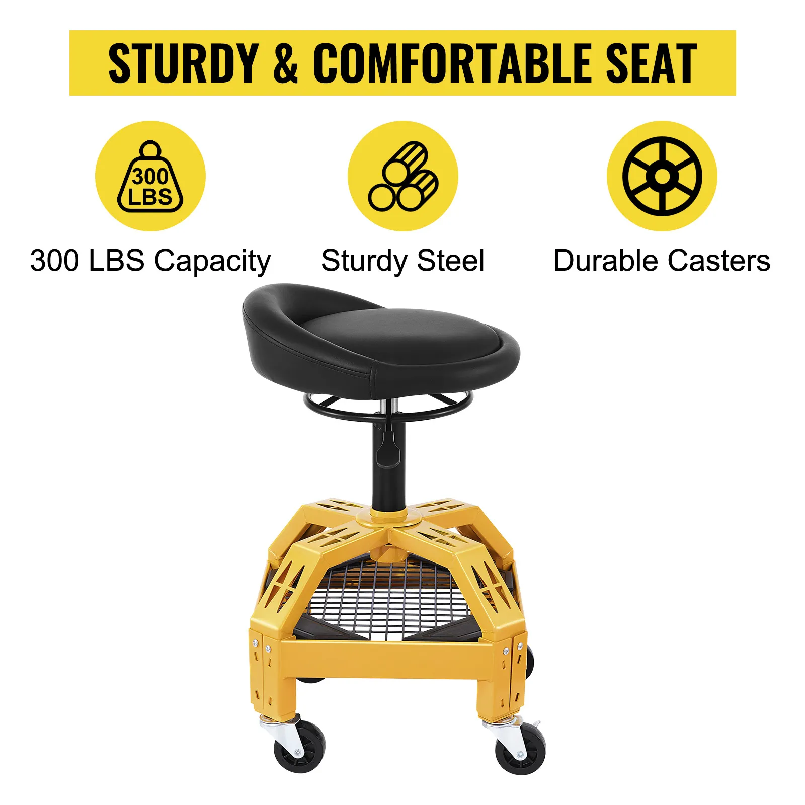 VEVOR rolling garage stool: 300 lbs capacity, sturdy steel, durable casters.