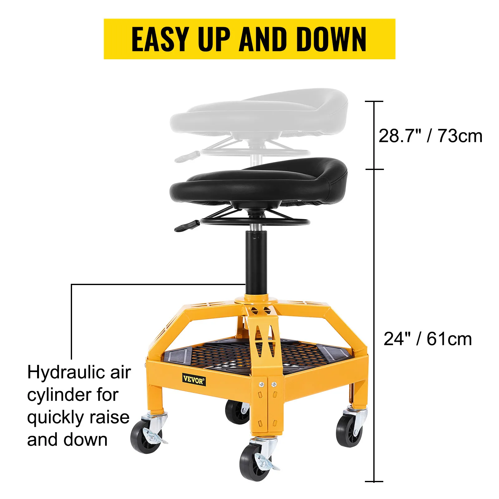 VEVOR rolling garage stool with adjustable height and swivel wheels.