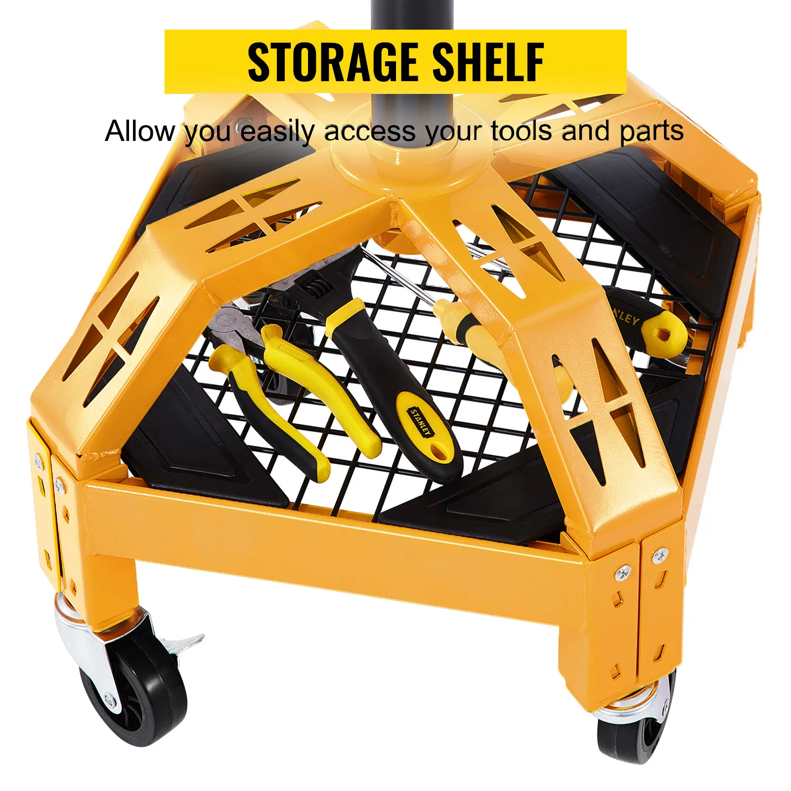 yellow storage shelf on VEVOR rolling garage stool with tools and parts on wheels.