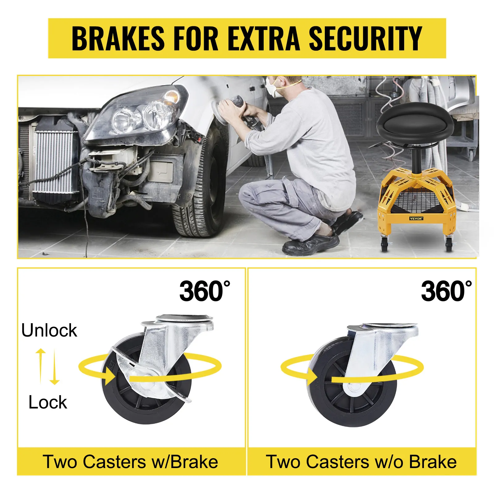 VEVOR rolling garage stool with lockable casters for extra security in auto repair.