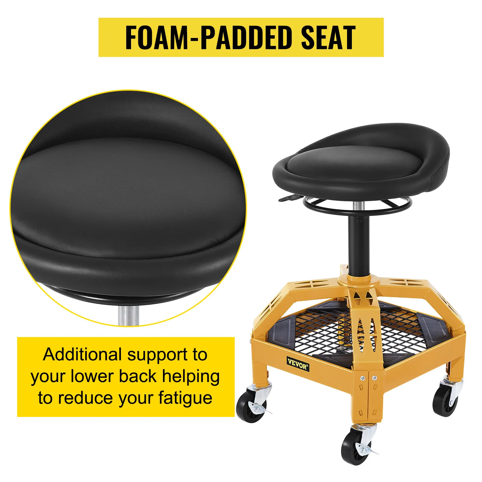 VEVOR rolling garage stool with foam-padded seat for added lower back support.