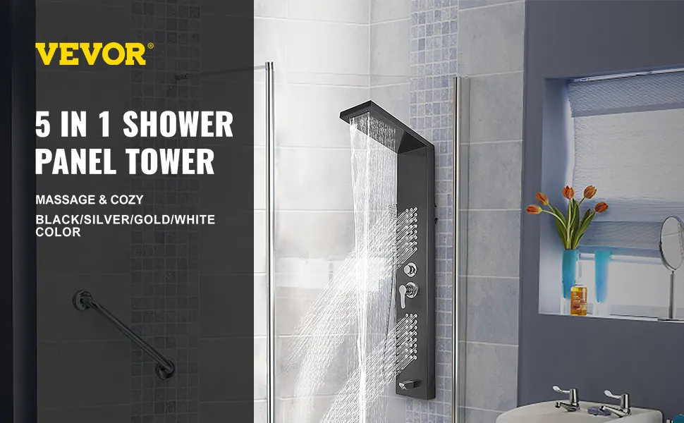 VEVOR shower panel system in a modern bathroom with sleek fixtures and a floral vase.
