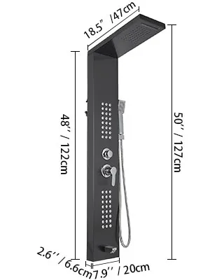 black VEVOR shower panel system with multiple jets, handheld shower, and overhead spray.