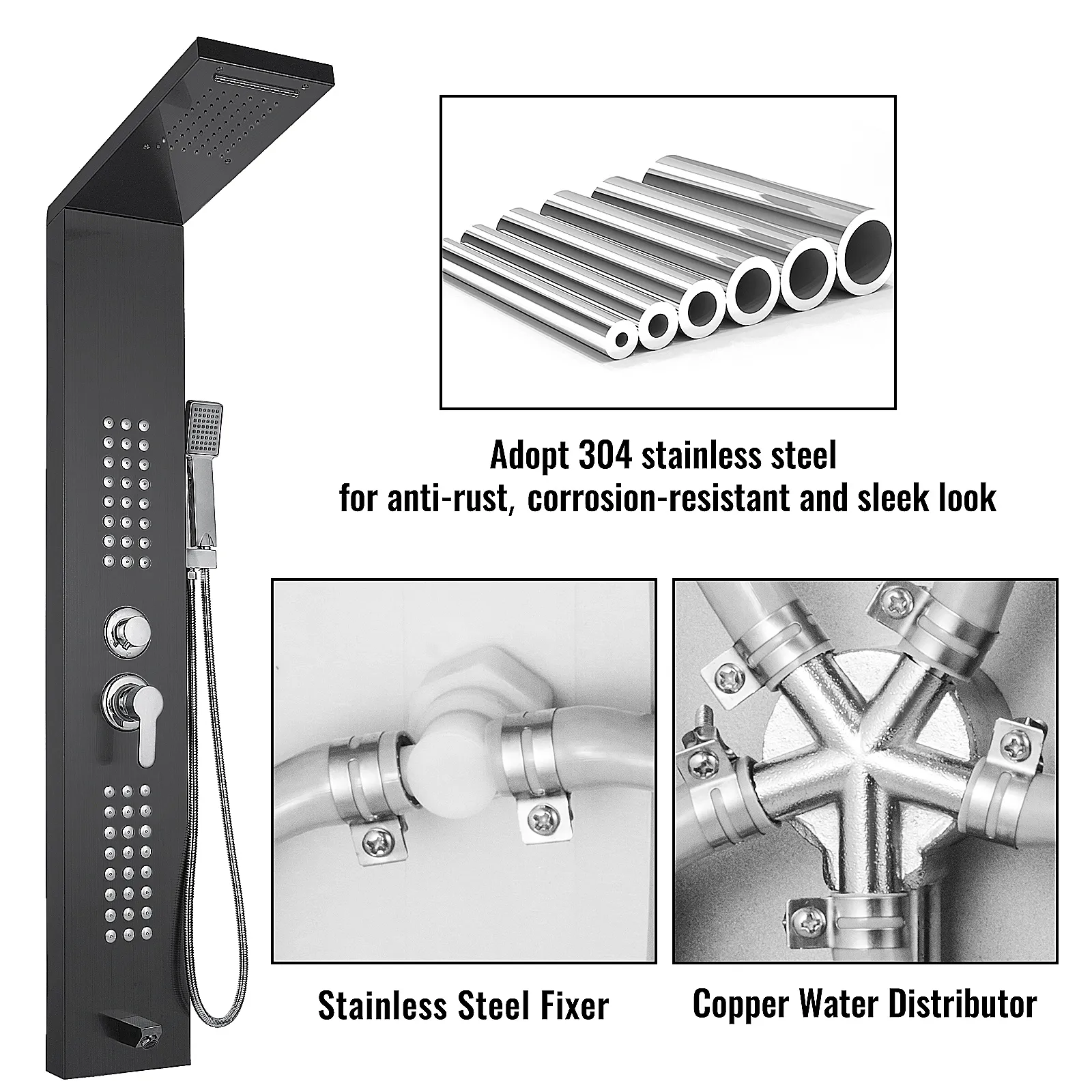 VEVOR shower panel system with 304 stainless steel and copper water distributor.
