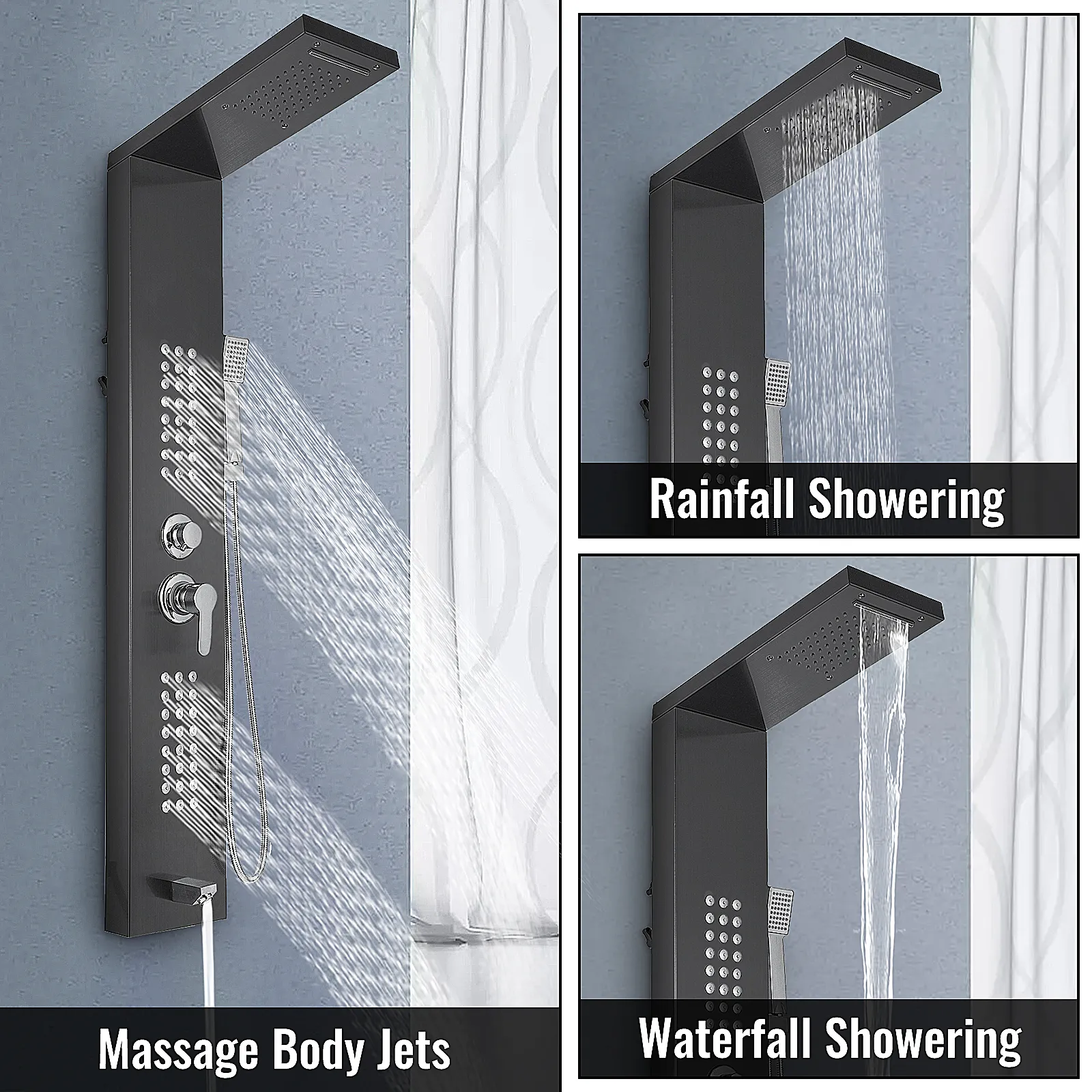 VEVOR shower panel system with body jets, rainfall and waterfall showering options.