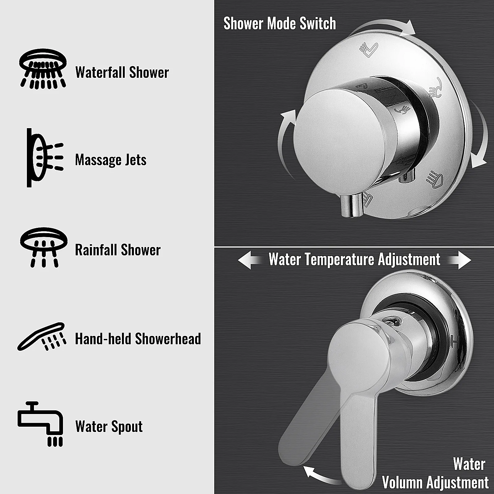VEVOR shower panel system with waterfall, rainfall, jets, hand-held and spout options.