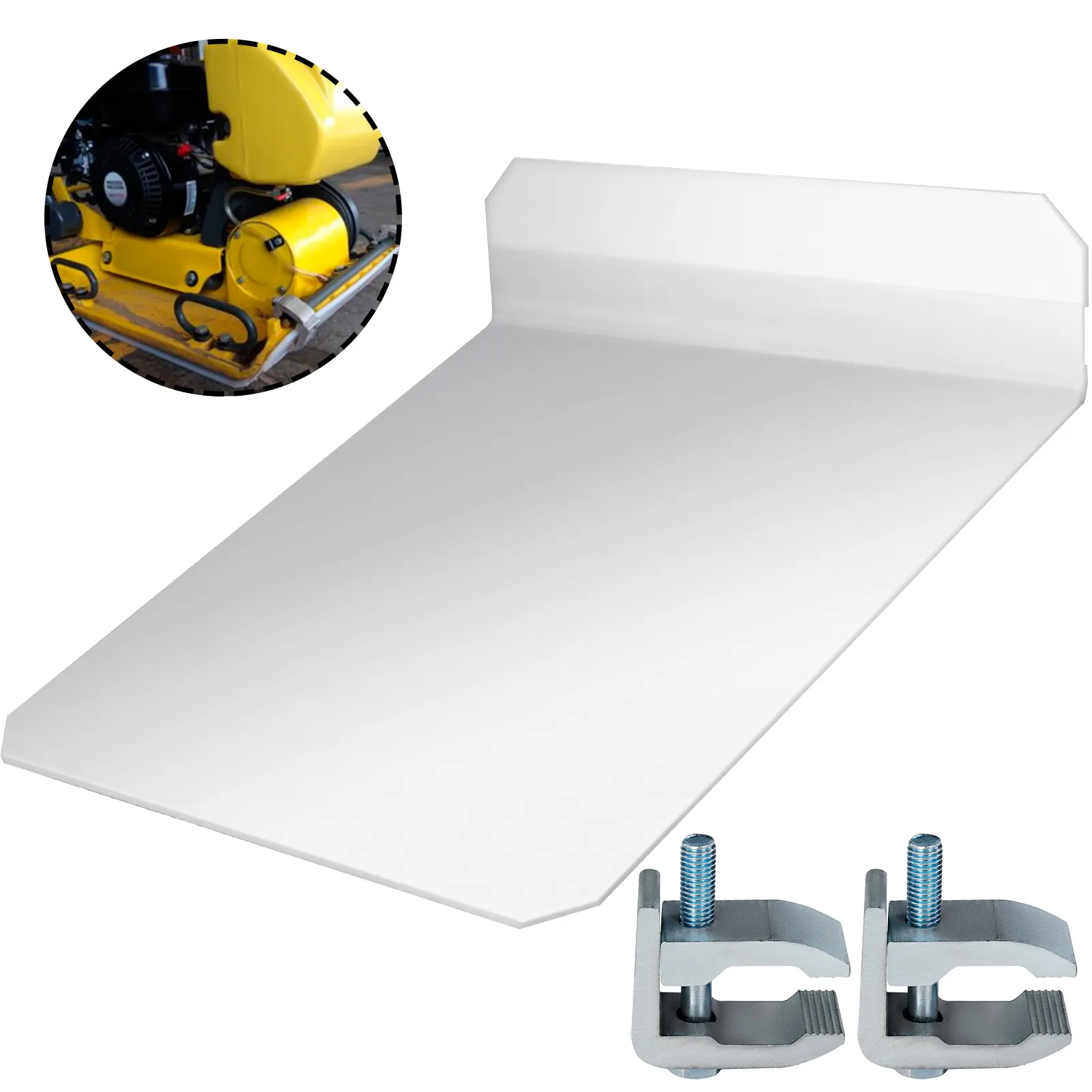 Compactador de placas VEVOR con abrazaderas y miniatura de máquina de color amarillo.