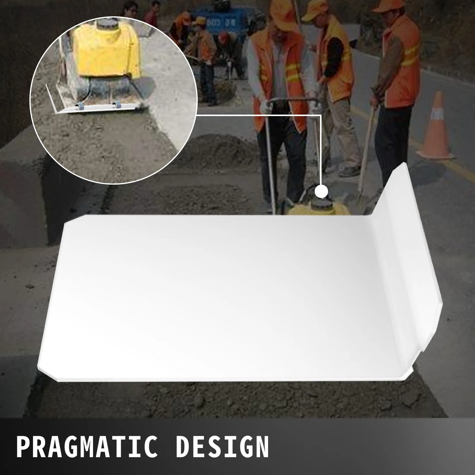 Placa compactadora VEVOR utilizada por trabajadores en una obra de construcción.
