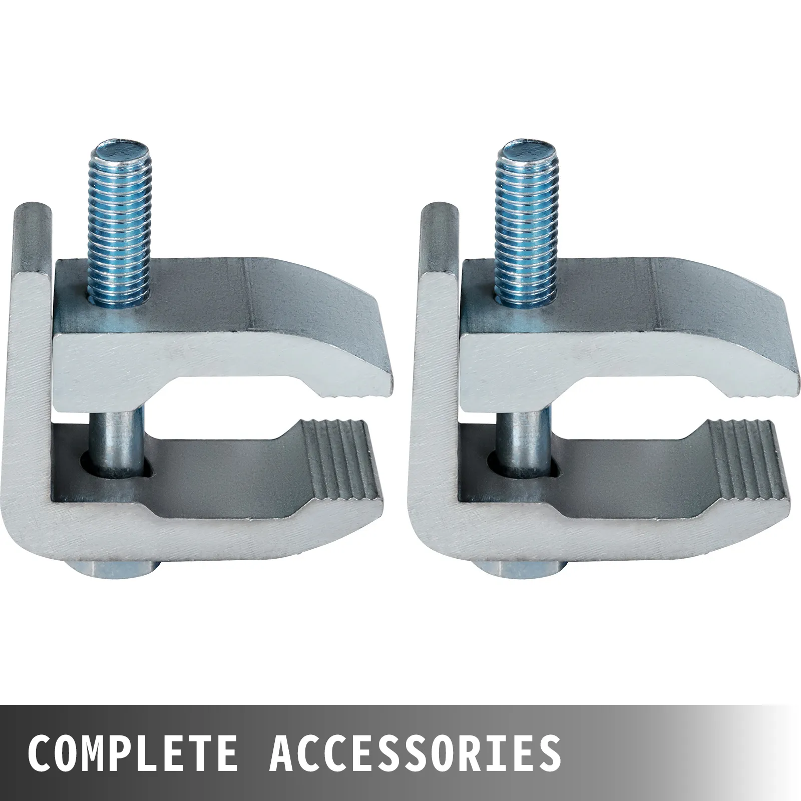 Dos abrazaderas metálicas para placa compactadora VEVOR con tornillos, etiquetadas como "accesorios completos".