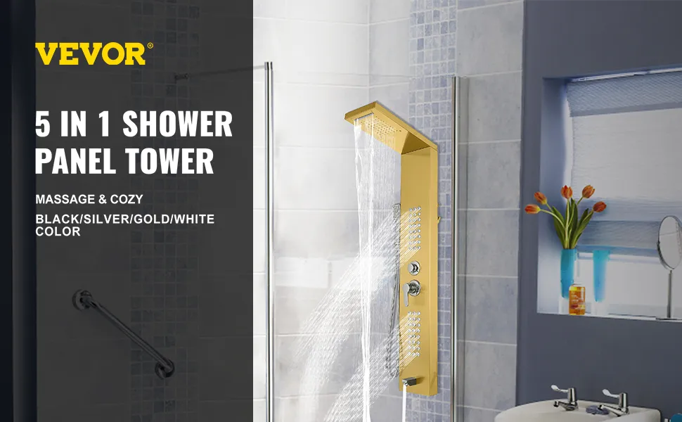 Sistema de torre de paneles de ducha VEVOR en un baño moderno con acabado dorado y chorros de agua.
